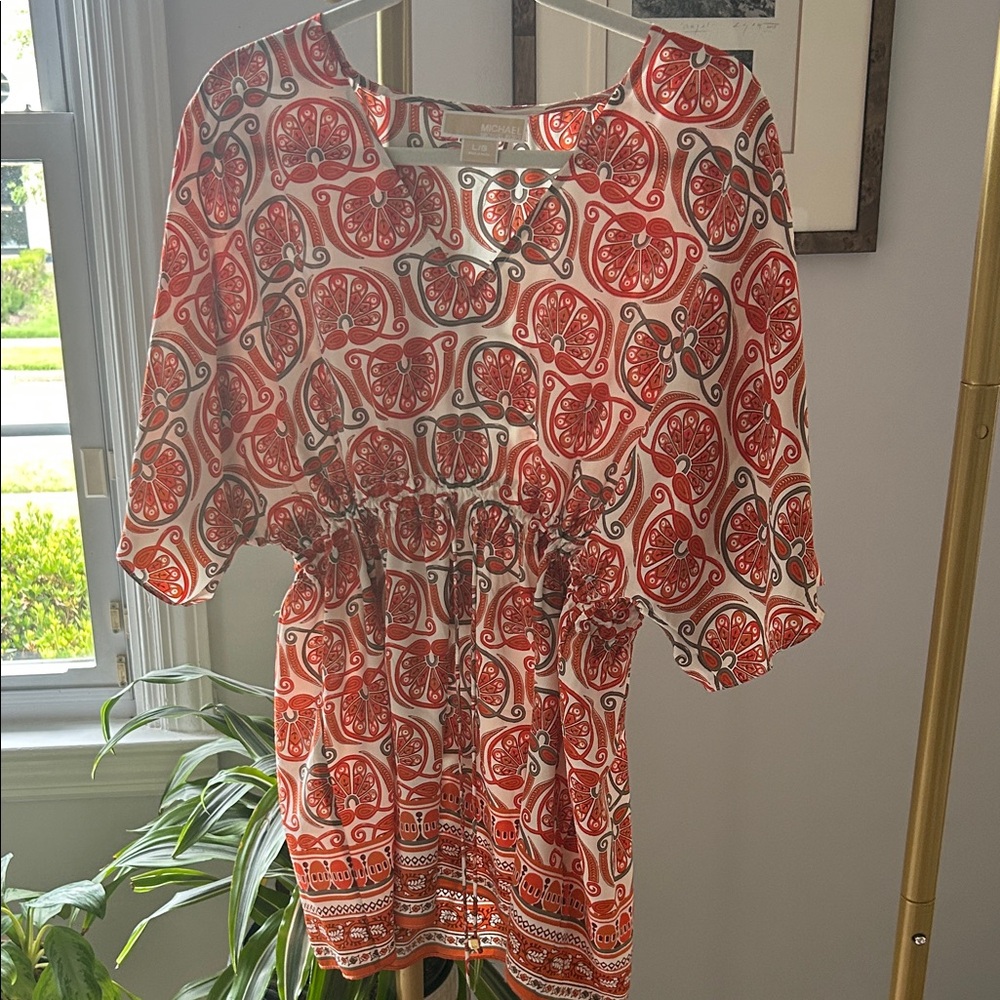 MICHAEL Michael Kors Fire Orange and Cream Printed Tunic with Drawstring Waist